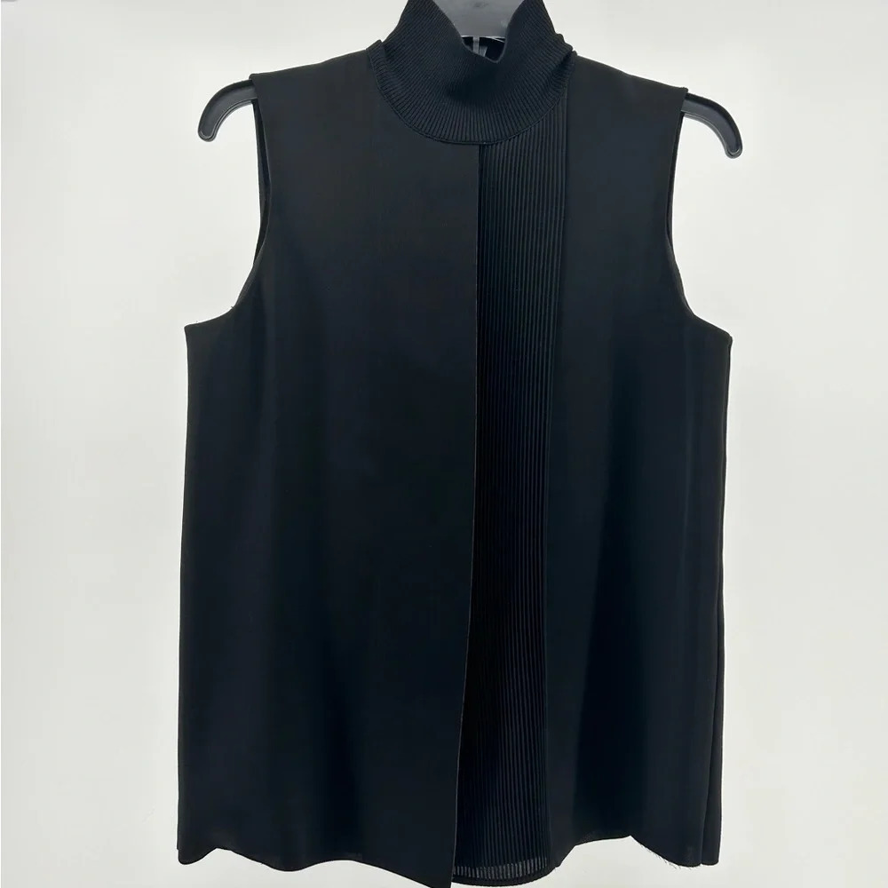 Vince Black Sleeveless Mock Neck Laser Cut Pleated Blouse Top Size S - Picture 4 of 13